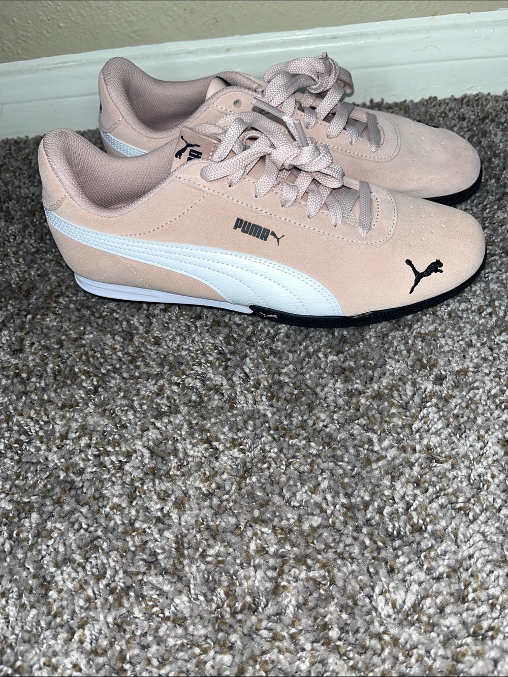 Puma Women’s Blush Pink Suede Sneakers with White Stripe and Black Logo